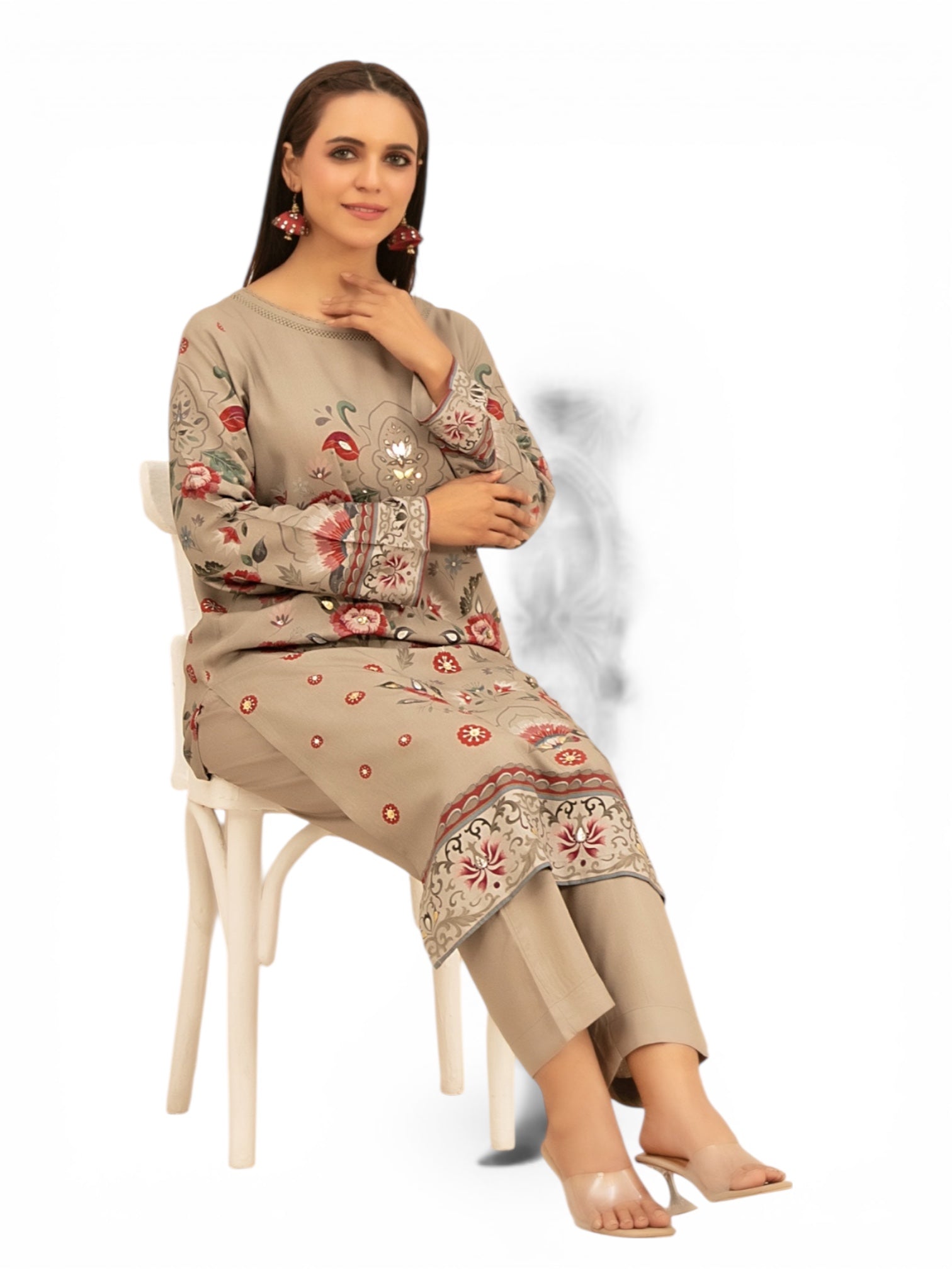 2 Piece Tawakkal Stitched Suit with gold foil embossed (D4801) Green Khaki