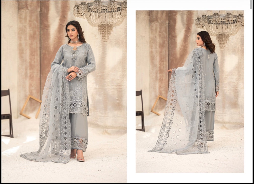 3 Piece Stitched Organza Semi-Formal Suit - Huriyah by Bint-E-Noor (H1) Grey