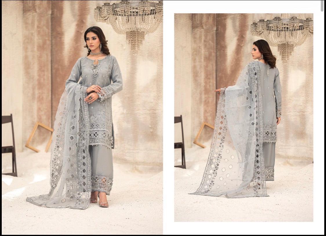 3 Piece Stitched Organza Semi-Formal Suit - Huriyah by Bint-E-Noor (H1) Grey