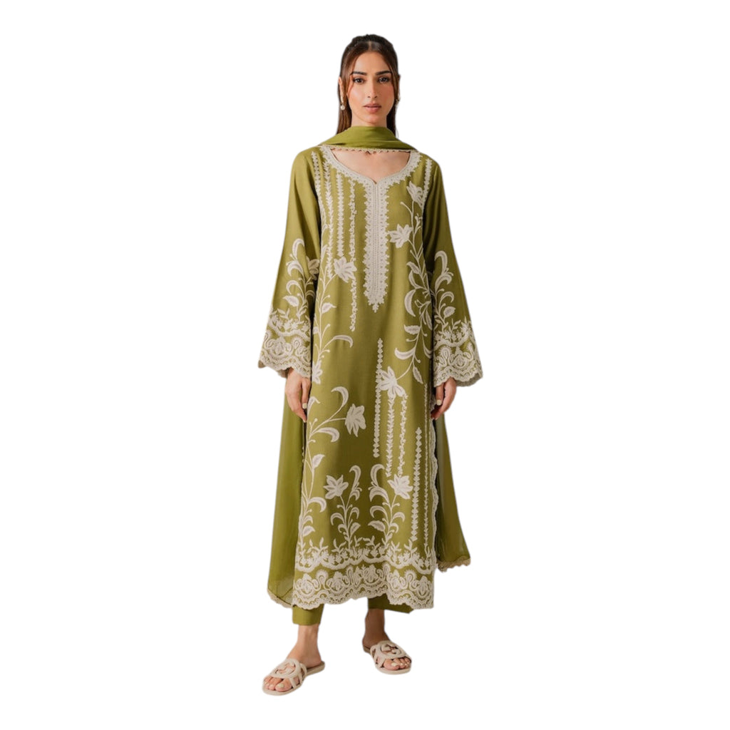 3 Piece Stitched Olive Mustard Linen Suit (SF04)