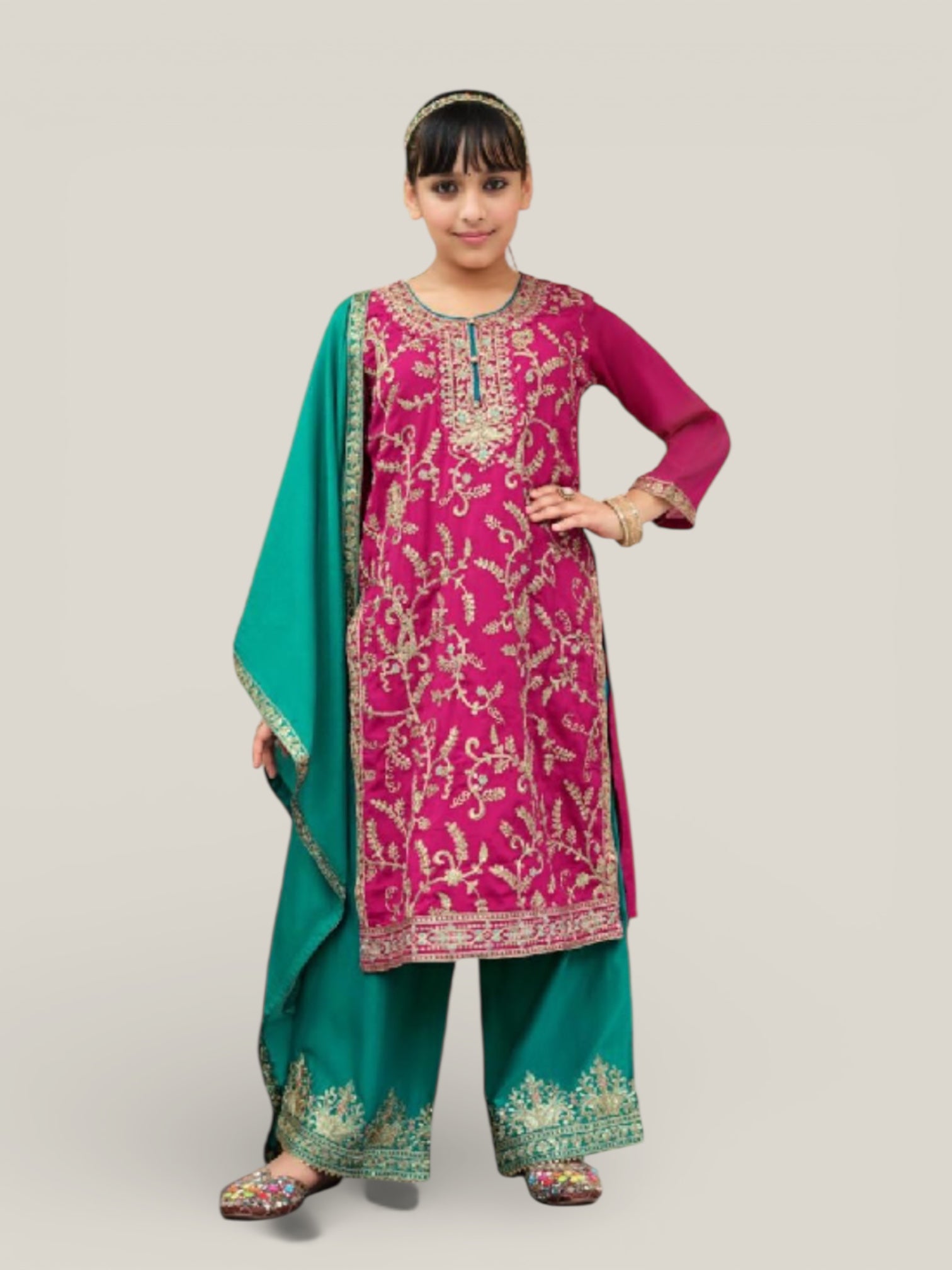 3 Piece Girls Partywear Stitched Suit (N15) Pink/Green