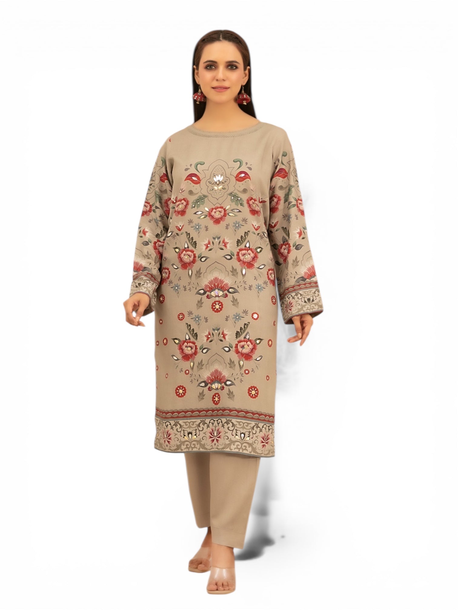 2 Piece Tawakkal Stitched Suit with gold foil embossed (D4801) Green Khaki