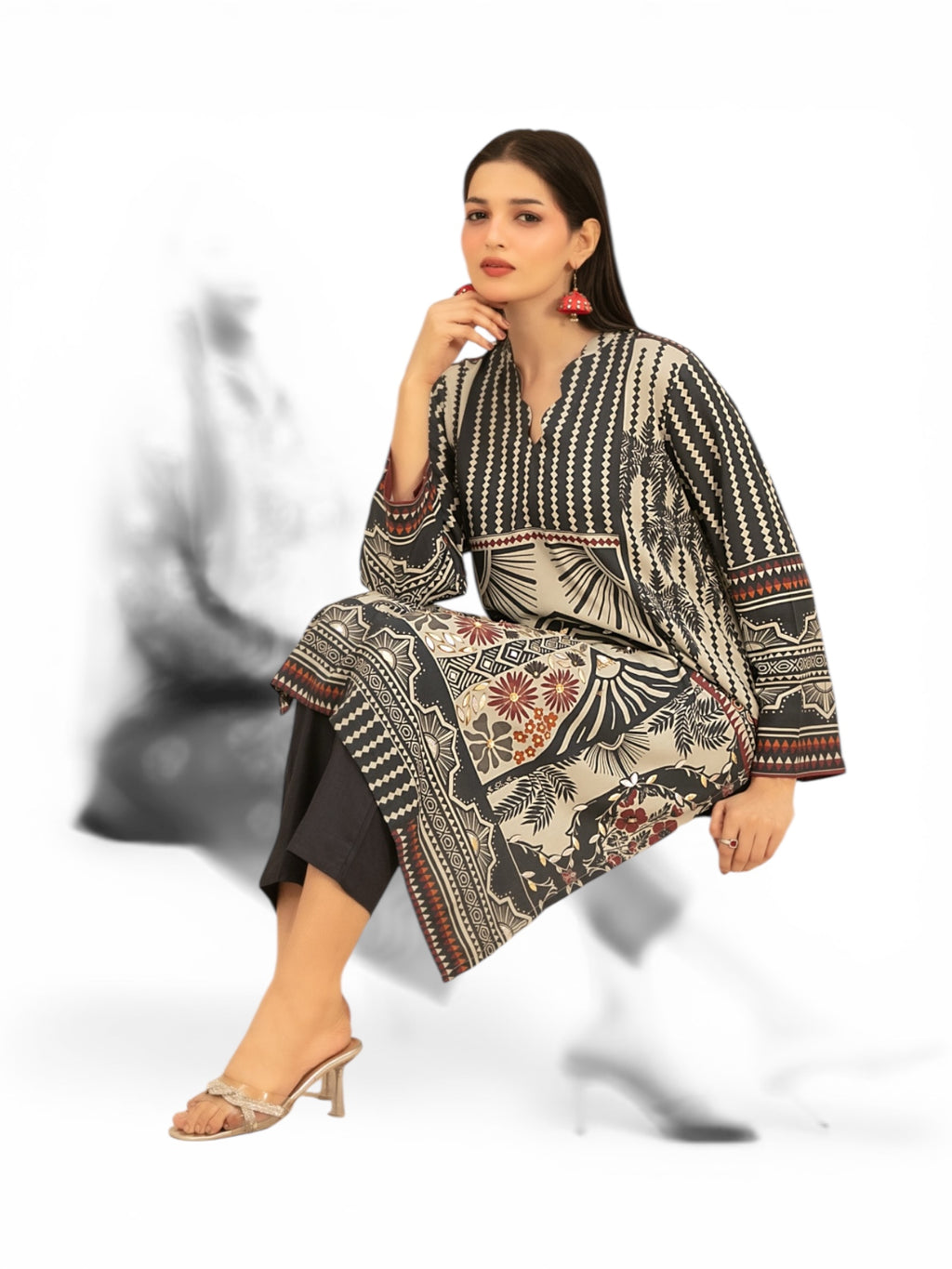 2 Piece Tawakkal Stitched Suit with gold foil embossed (D4796) Light Khaki and Black