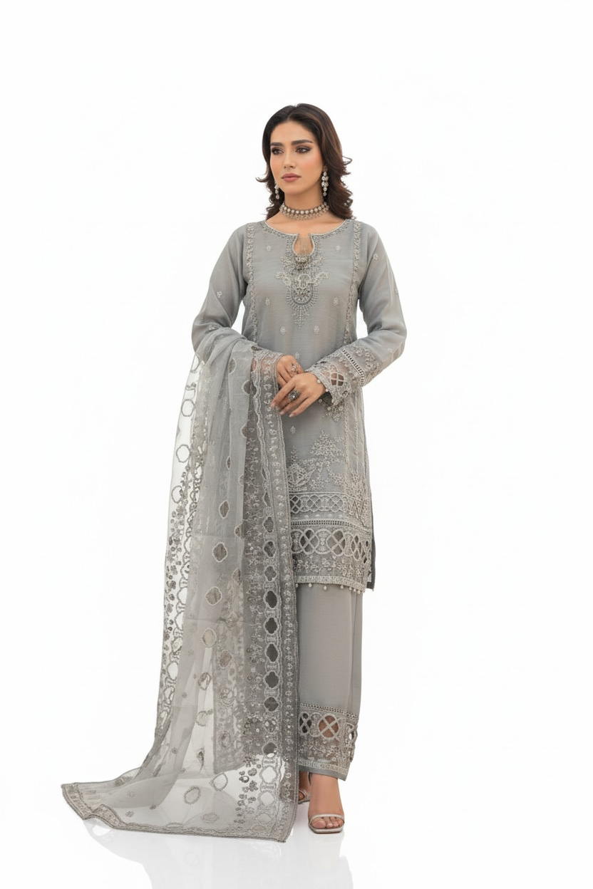 3 Piece Stitched Organza Semi-Formal Suit - Huriyah by Bint-E-Noor (H1) Grey