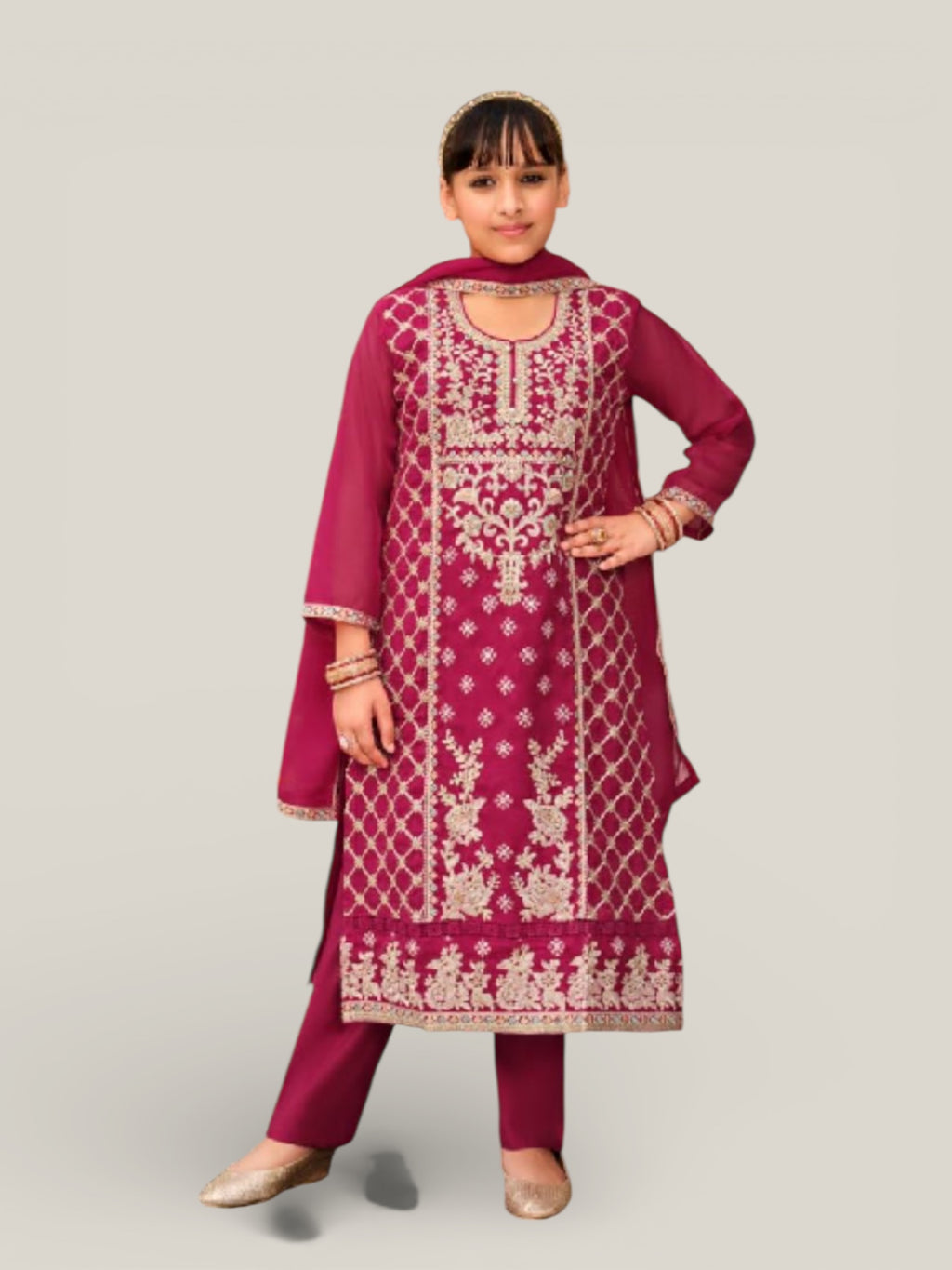 3 Piece Girls Partywear Stitched Suit (N20) Pink