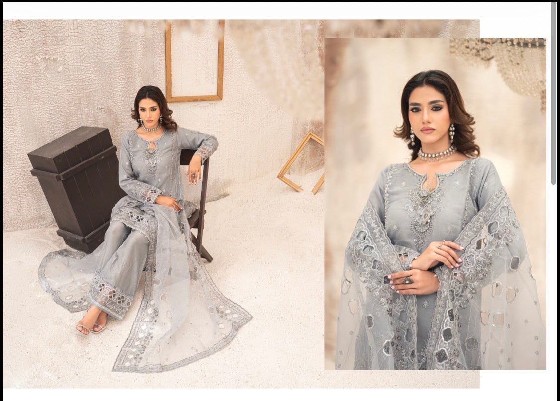 3 Piece Stitched Organza Semi-Formal Suit - Huriyah by Bint-E-Noor (H1) Grey