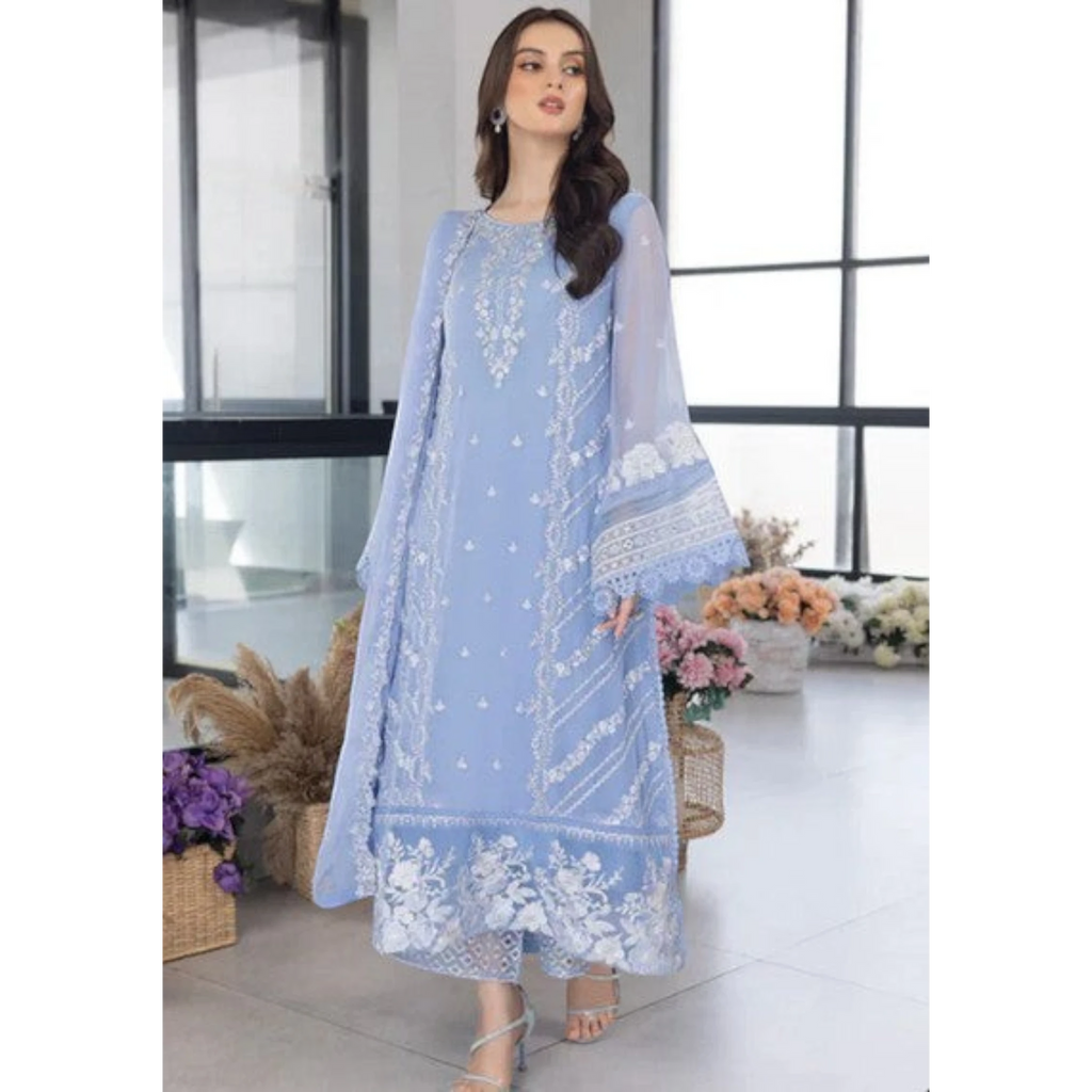 3 Piece Stitched Baby Blue Organza Suit (SF01)