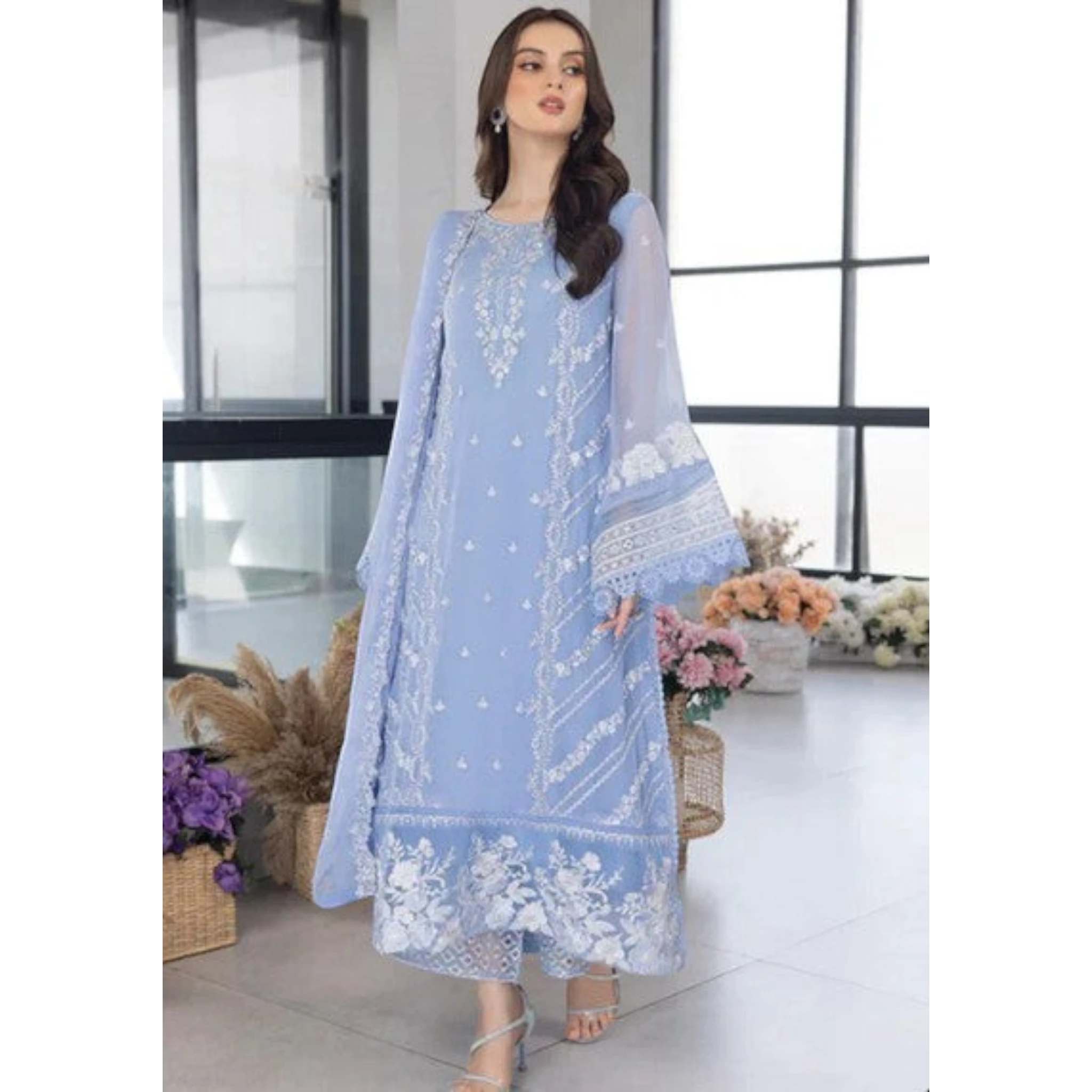 3 Piece Stitched Baby Blue Organza Suit (SF01)