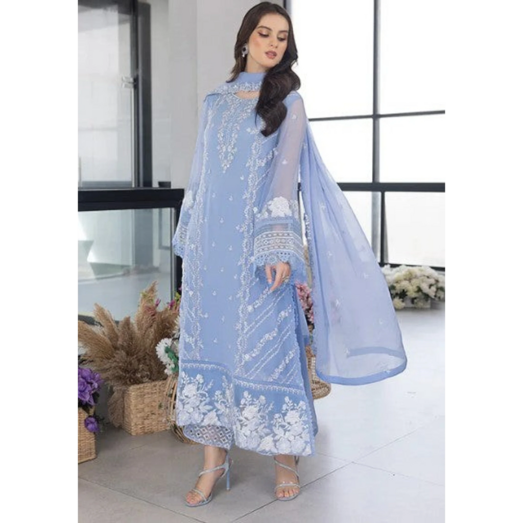 3 Piece Stitched Baby Blue Organza Suit (SF01)