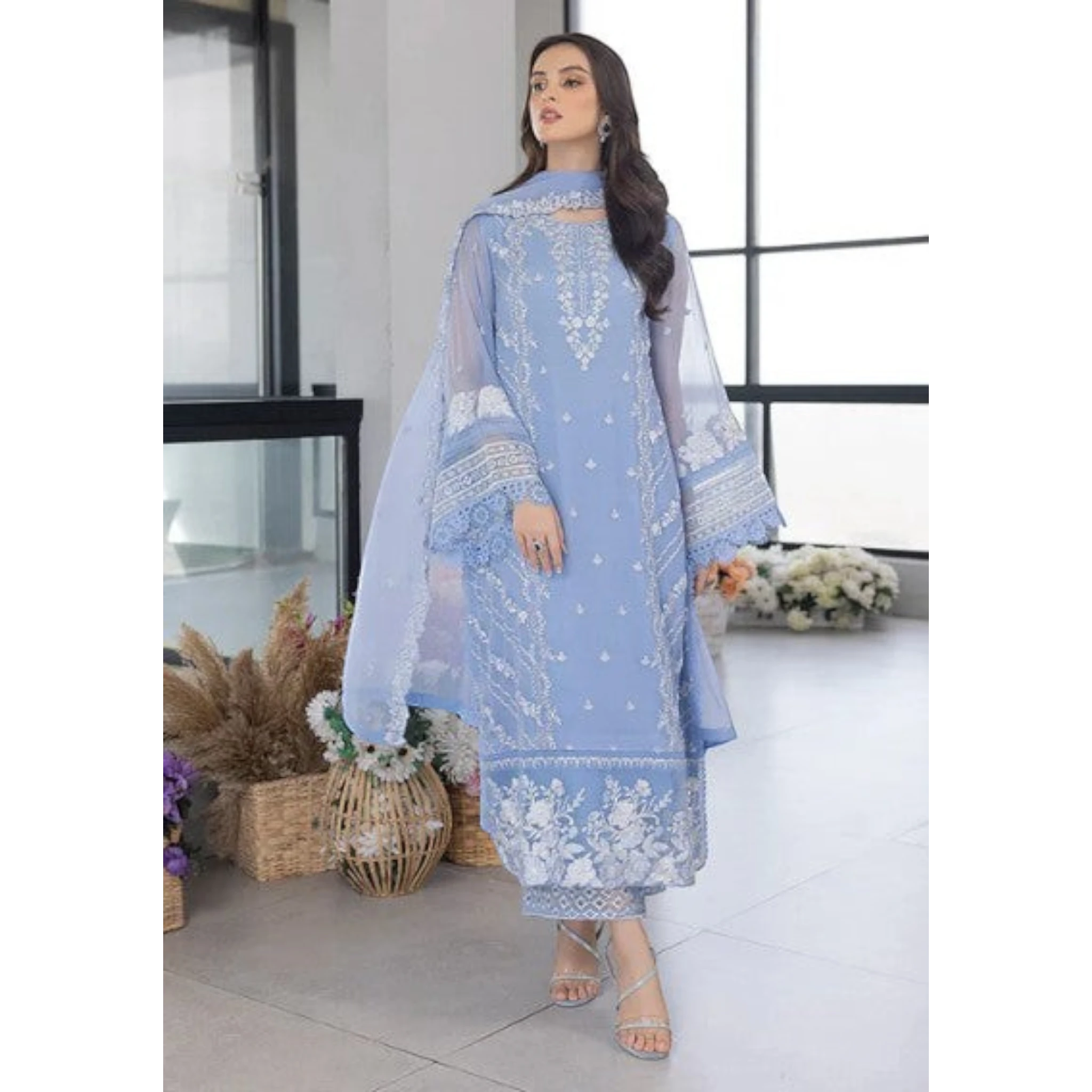 3 Piece Stitched Baby Blue Organza Suit (SF01)