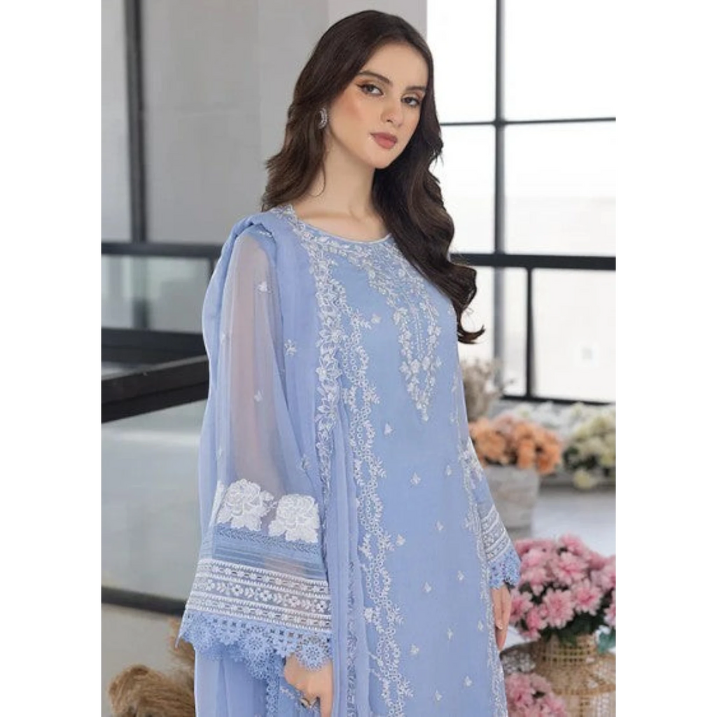 3 Piece Stitched Baby Blue Organza Suit (SF01)
