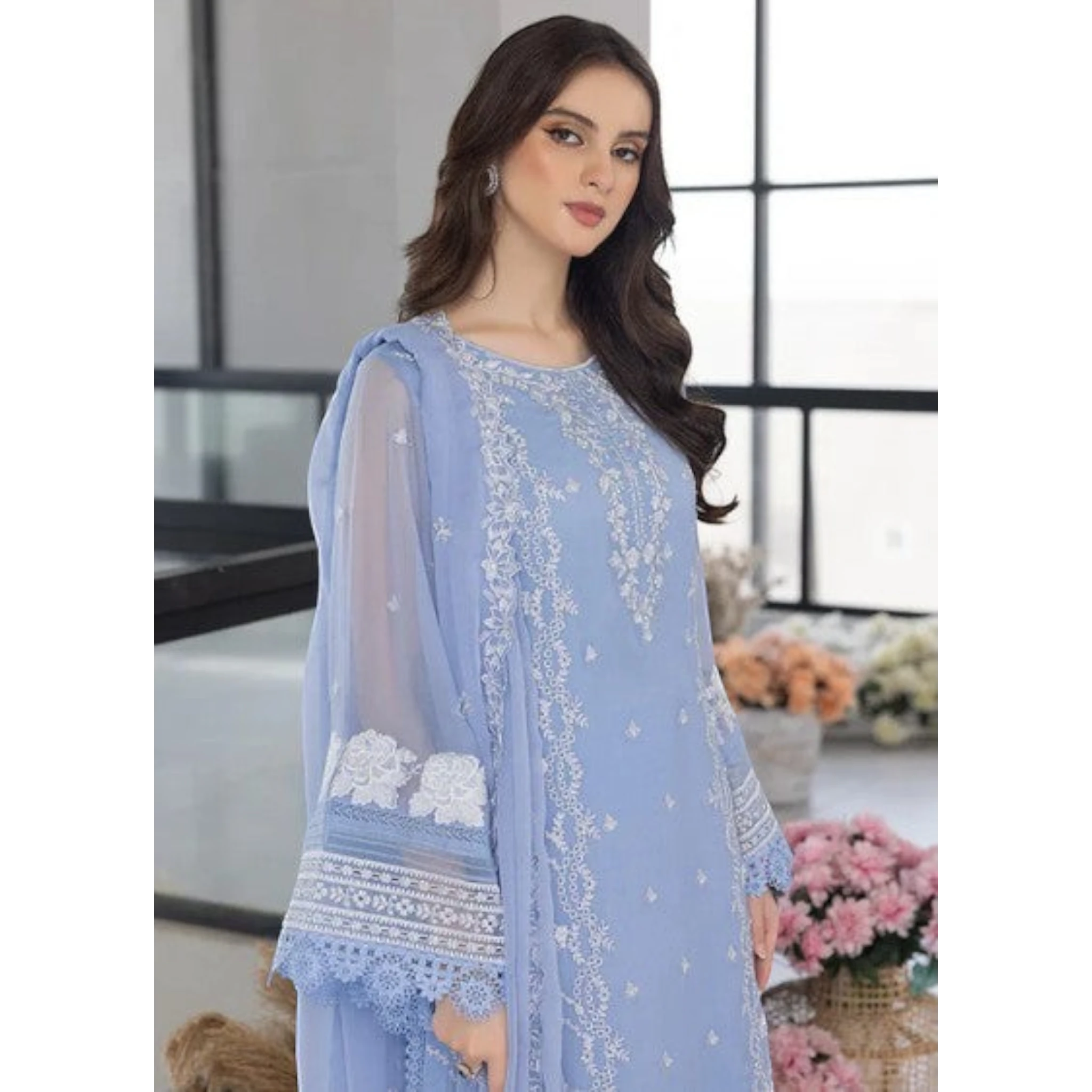 3 Piece Stitched Baby Blue Organza Suit (SF01)