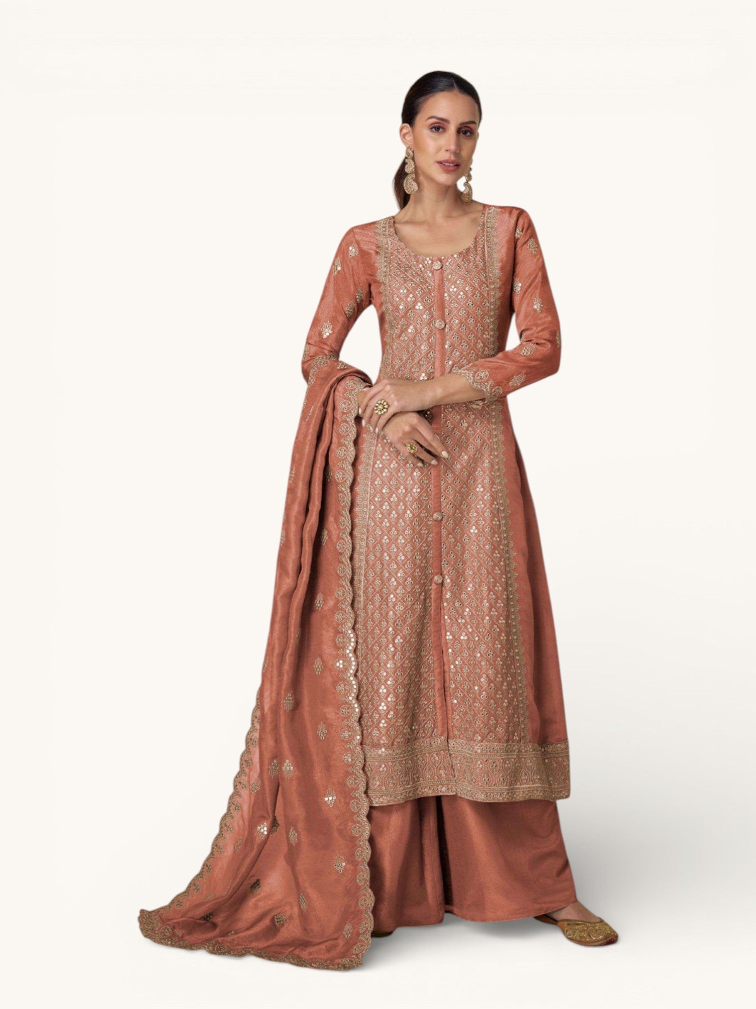 3 Piece Stitched Partywear Simmer Silk Suit (Burnt Orange)