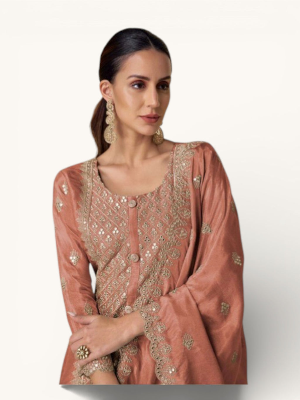 3 Piece Stitched Partywear Simmer Silk Suit (Burnt Orange)