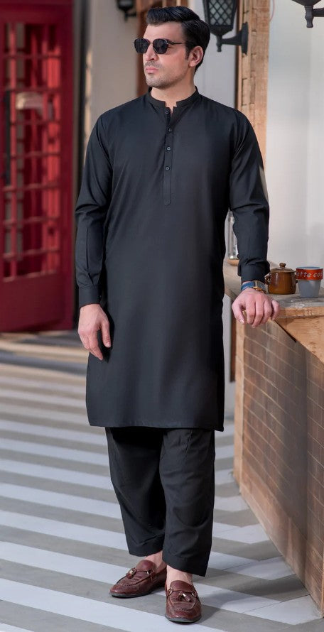Mens Stitched Black Premium Salwar Kameez Plain Ban Collar (BP23)