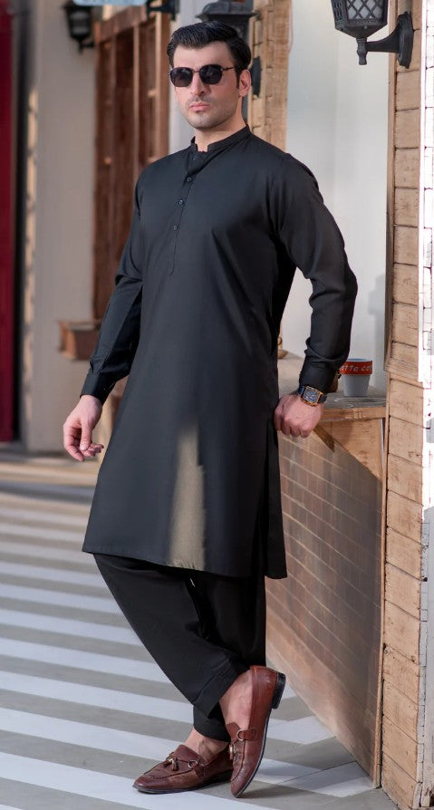 Mens Stitched Black Premium Salwar Kameez Plain Ban Collar (BP23)