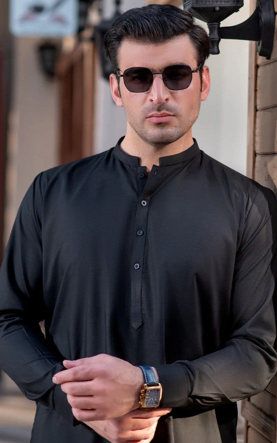 Mens Stitched Black Premium Salwar Kameez Plain Ban Collar (BP23)