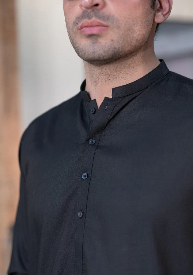 Mens Stitched Black Premium Salwar Kameez Plain Ban Collar (BP23)