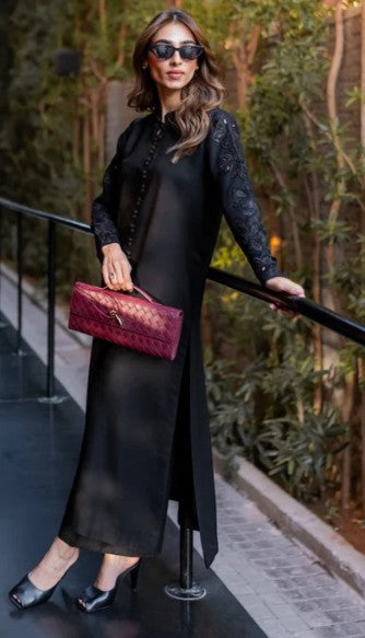 1 Piece Stitched Linen Kameez in Black with cutwork embroidery on sleeves