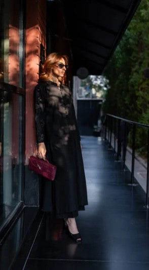 1 Piece Stitched Linen Kameez in Black with cutwork embroidery on sleeves