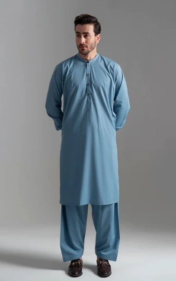 Mens Stitched Blue Premium Salwar Kameez Plain Ban Collar (BP22)