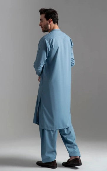 Mens Stitched Blue Premium Salwar Kameez Plain Ban Collar (BP22)