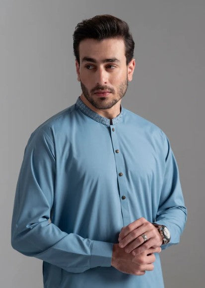 Mens Stitched Blue Premium Salwar Kameez Plain Ban Collar (BP22)