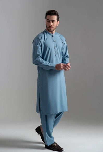 Mens Stitched Blue Premium Salwar Kameez Plain Ban Collar (BP22)
