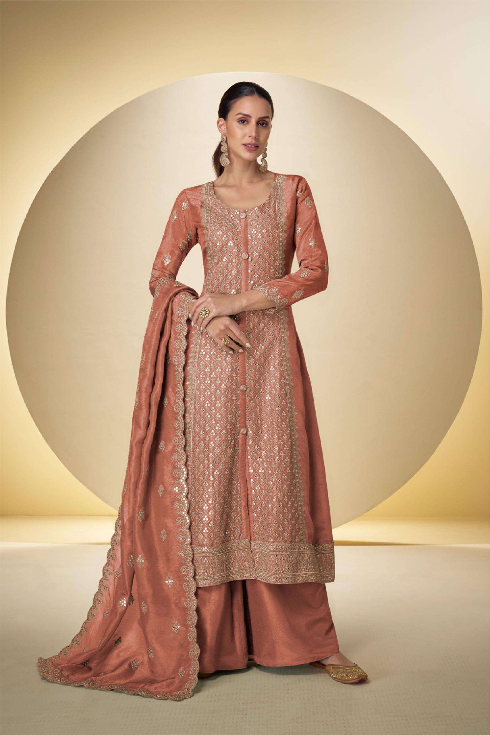 3 Piece Stitched Partywear Simmer Silk Suit (Burnt Orange)