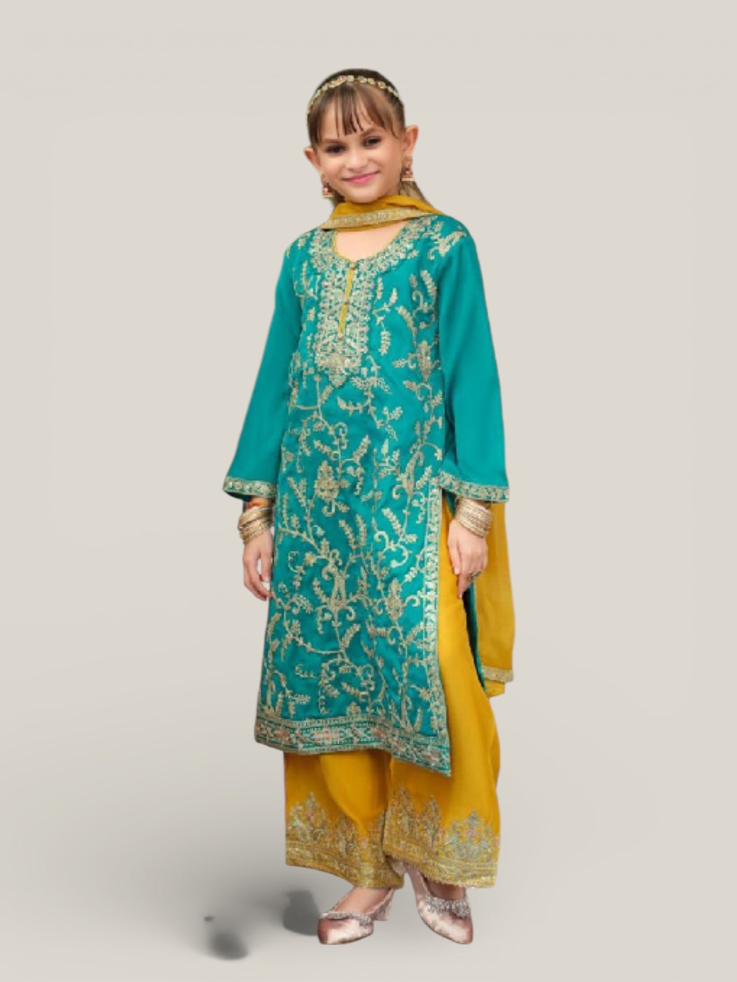 3 Piece Girls Partywear Stitched Suit (N14) Green/Yellow