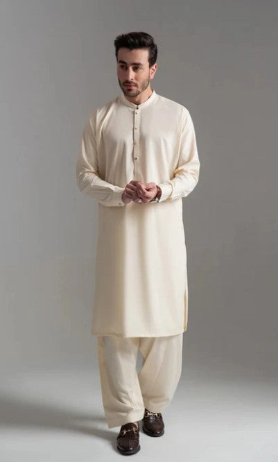 Mens Stitched Cream Premium Salwar Kameez Embroidery on Ban Collar (BP24)