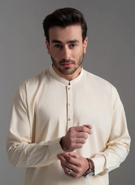 Mens Stitched Cream Premium Salwar Kameez Embroidery on Ban Collar (BP24)