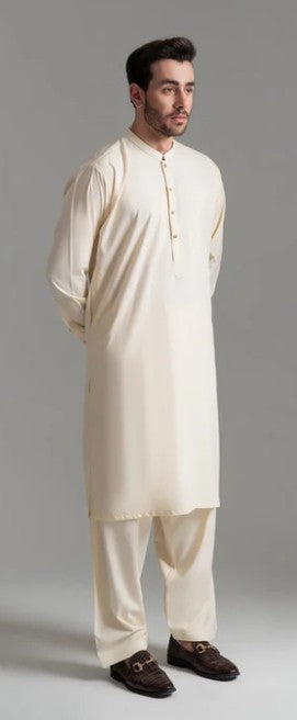 Mens Stitched Cream Premium Salwar Kameez Embroidery on Ban Collar (BP24)