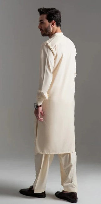 Mens Stitched Cream Premium Salwar Kameez Embroidery on Ban Collar (BP24)