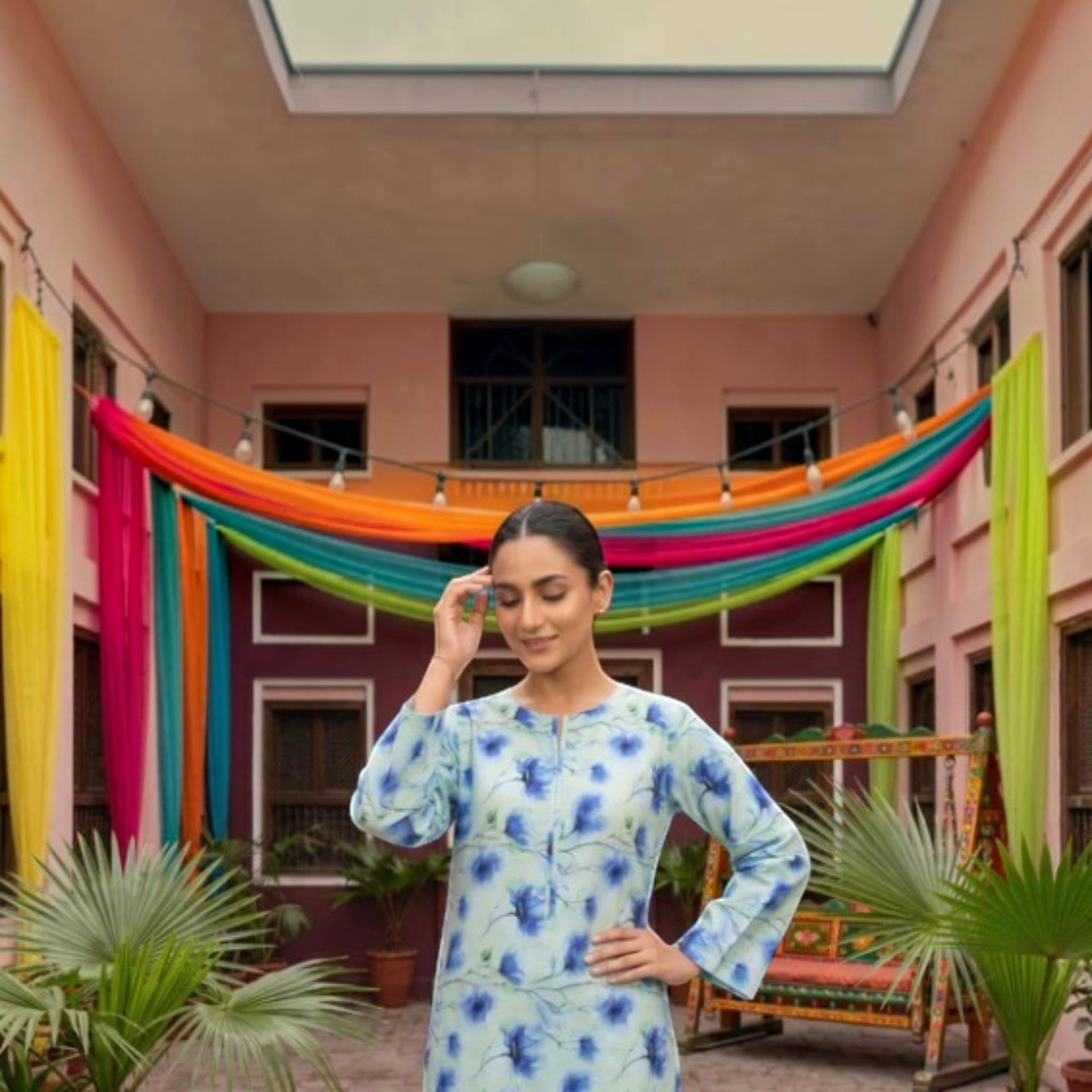 Saha Couture 2 piece stitched lawn suit with blue floral digital print on mint green cotton fabric