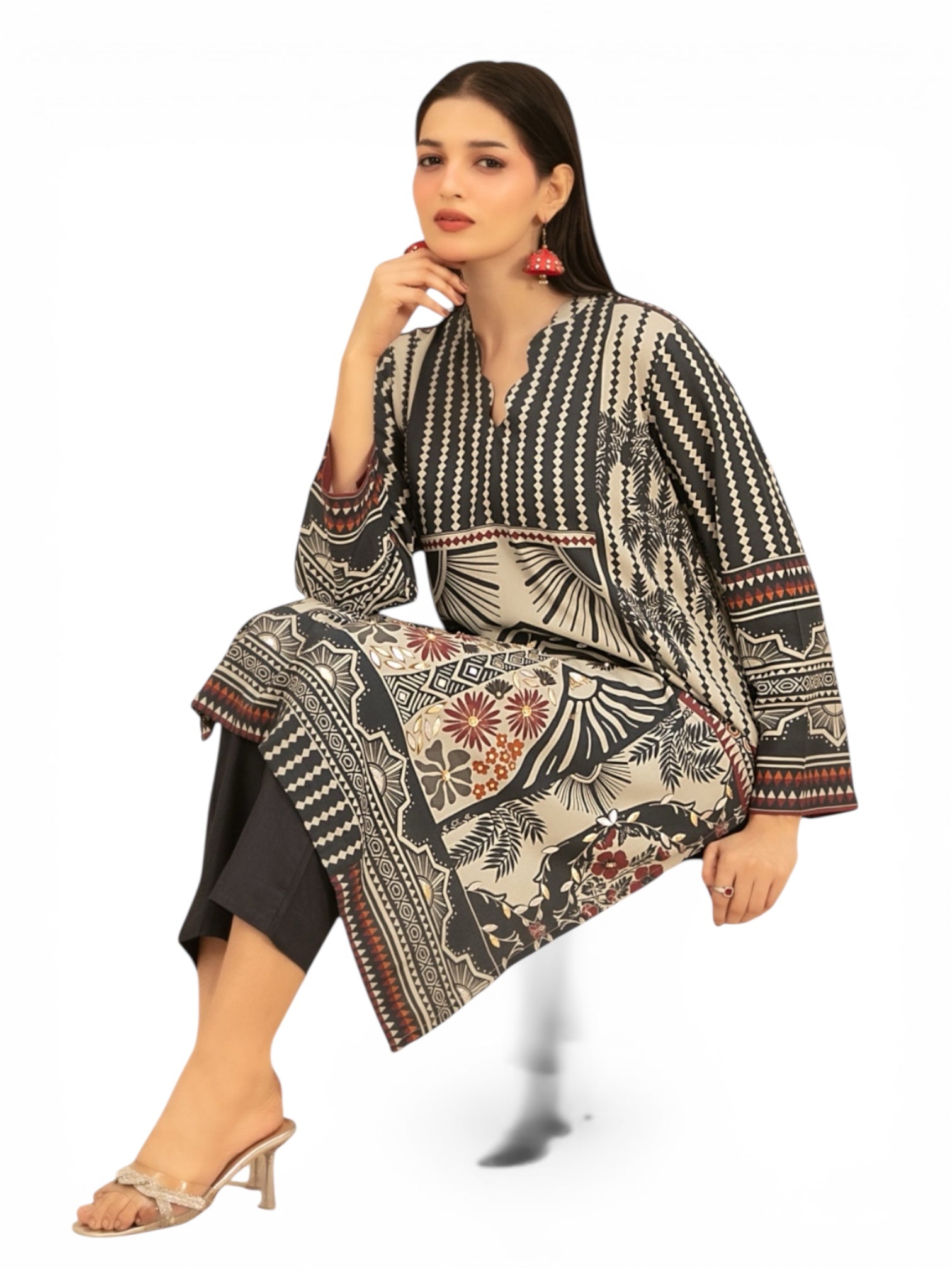 2 Piece Tawakkal Stitched Suit with gold foil embossed (D4796) Light Khaki and Black