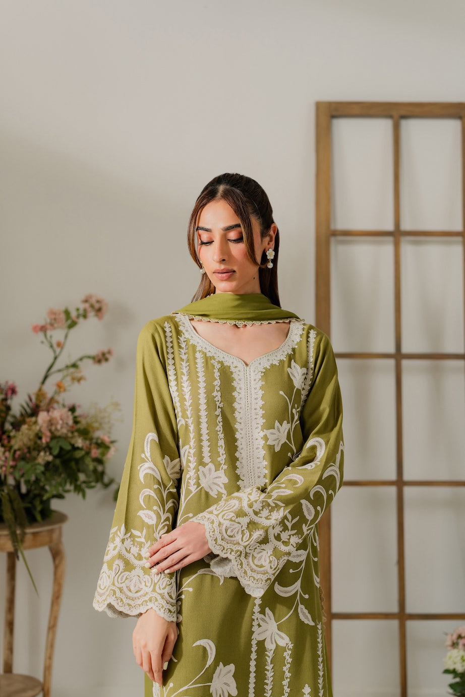 3 Piece Stitched Olive Mustard Linen Suit (SF04)