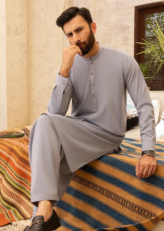 Mens Stitched Grey Premium Salwar Kameez Embroidery on Ban Collar (BP20)