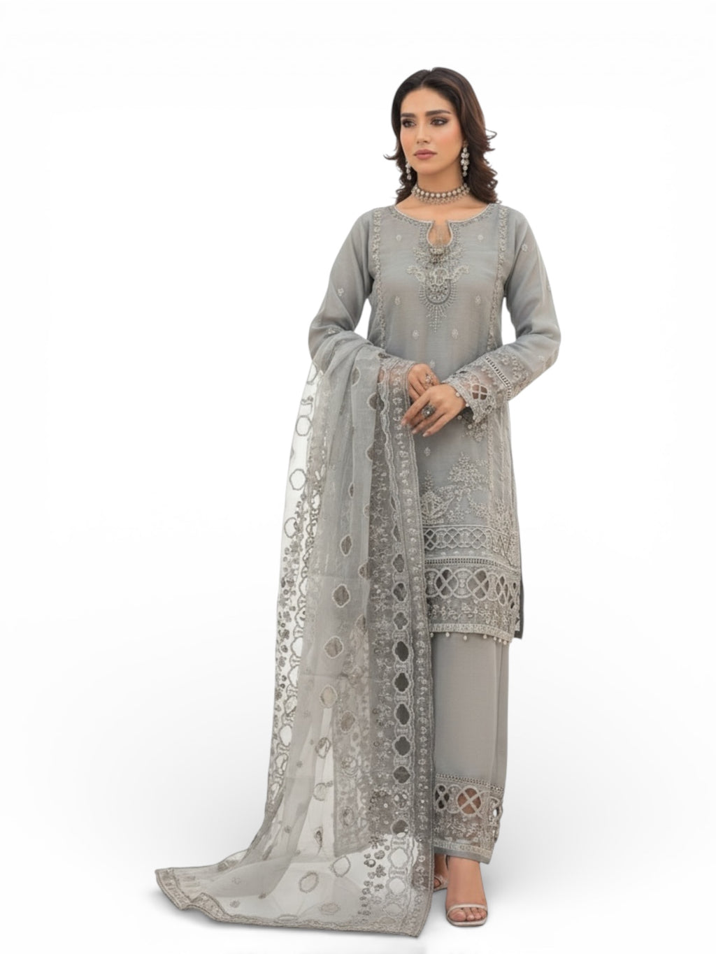 3 Piece Stitched Organza Semi-Formal Suit - Huriyah by Bint-E-Noor (H1) Grey