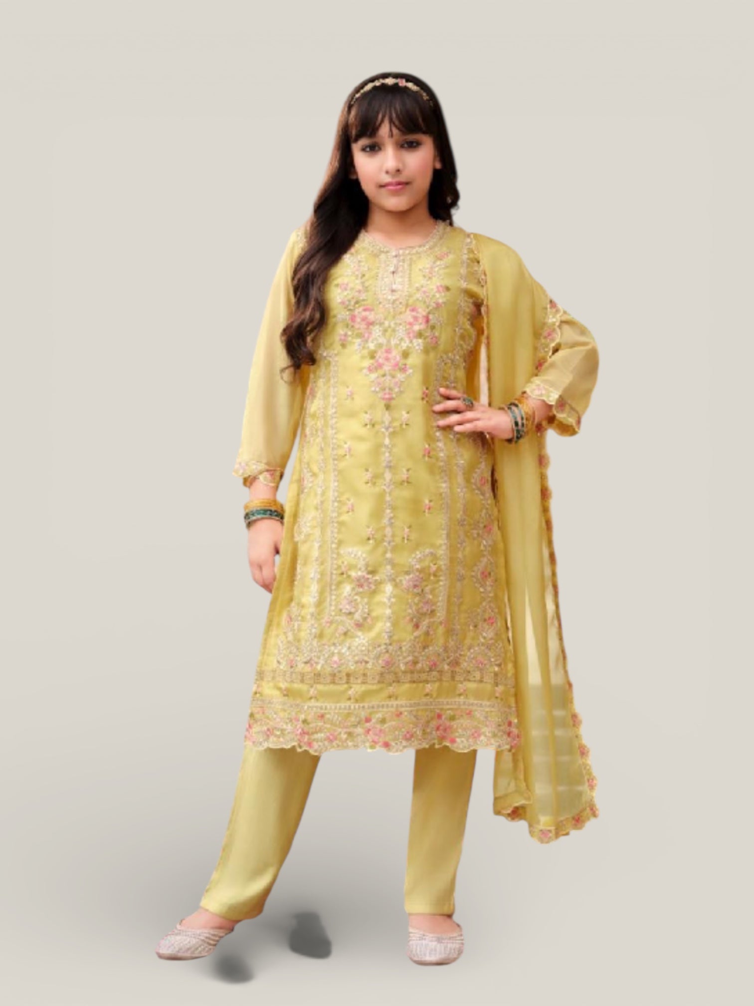 3 Piece Girls Partywear Stitched Suit (N23) Light pale yellow