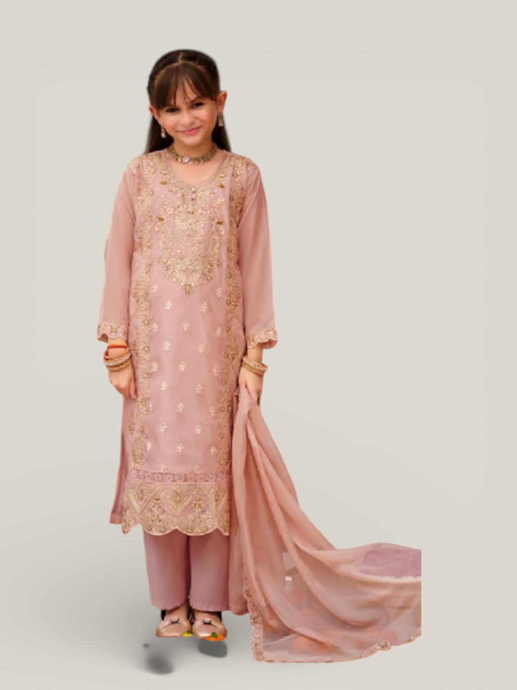 3 Piece Girls Partywear Stitched Suit (N24) Pastel Pink