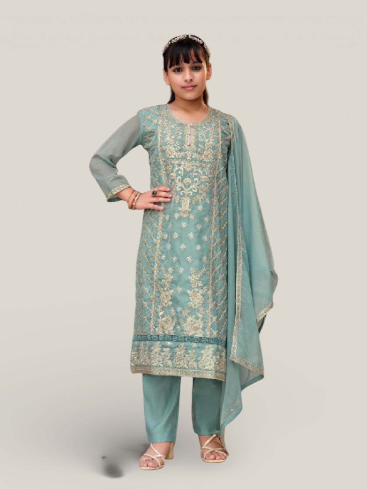 3 Piece Girls Partywear Stitched Suit (N25) Mint Green