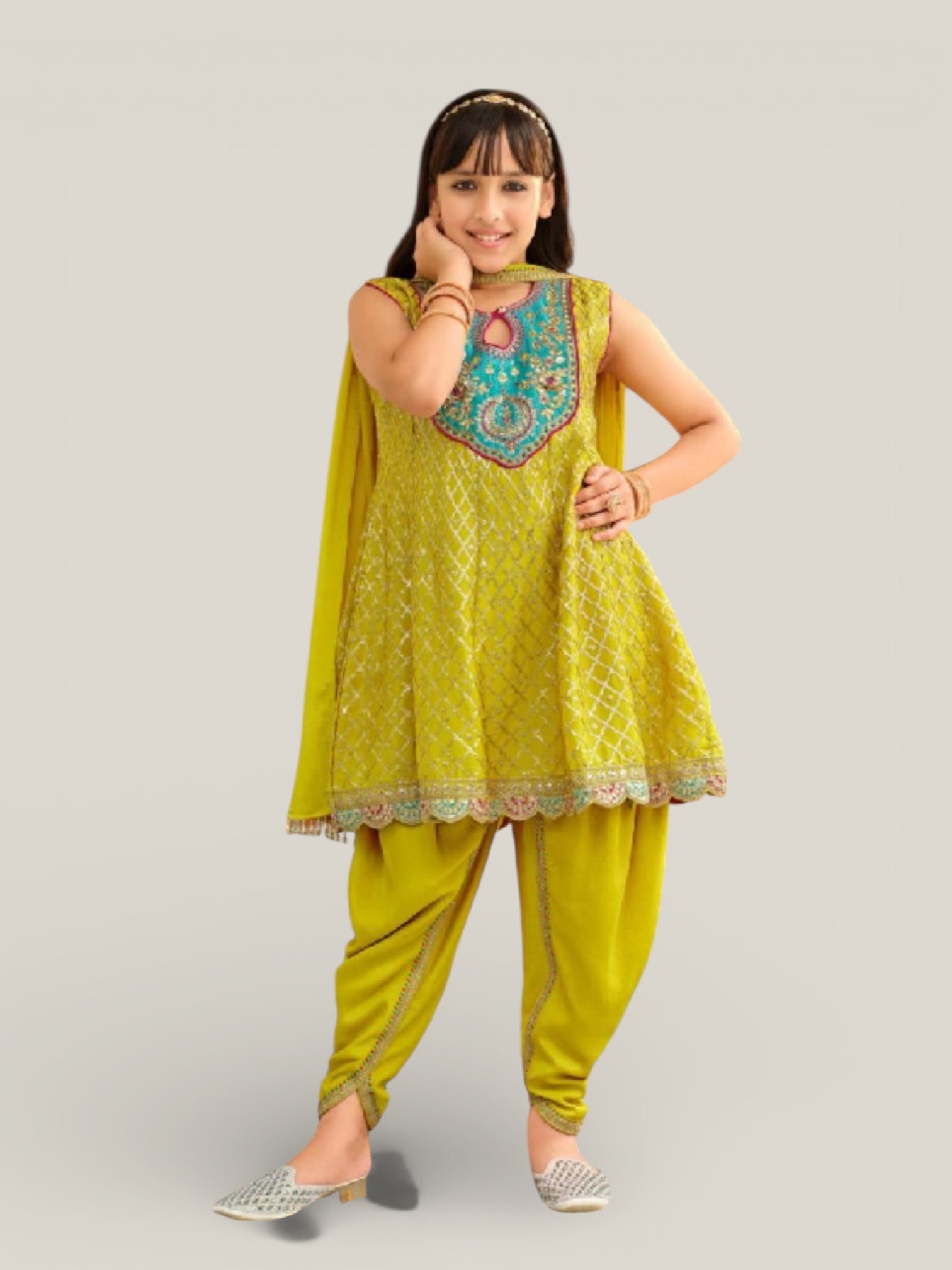 3 Piece Girls Partywear Stitched Suit (N39) Yellow