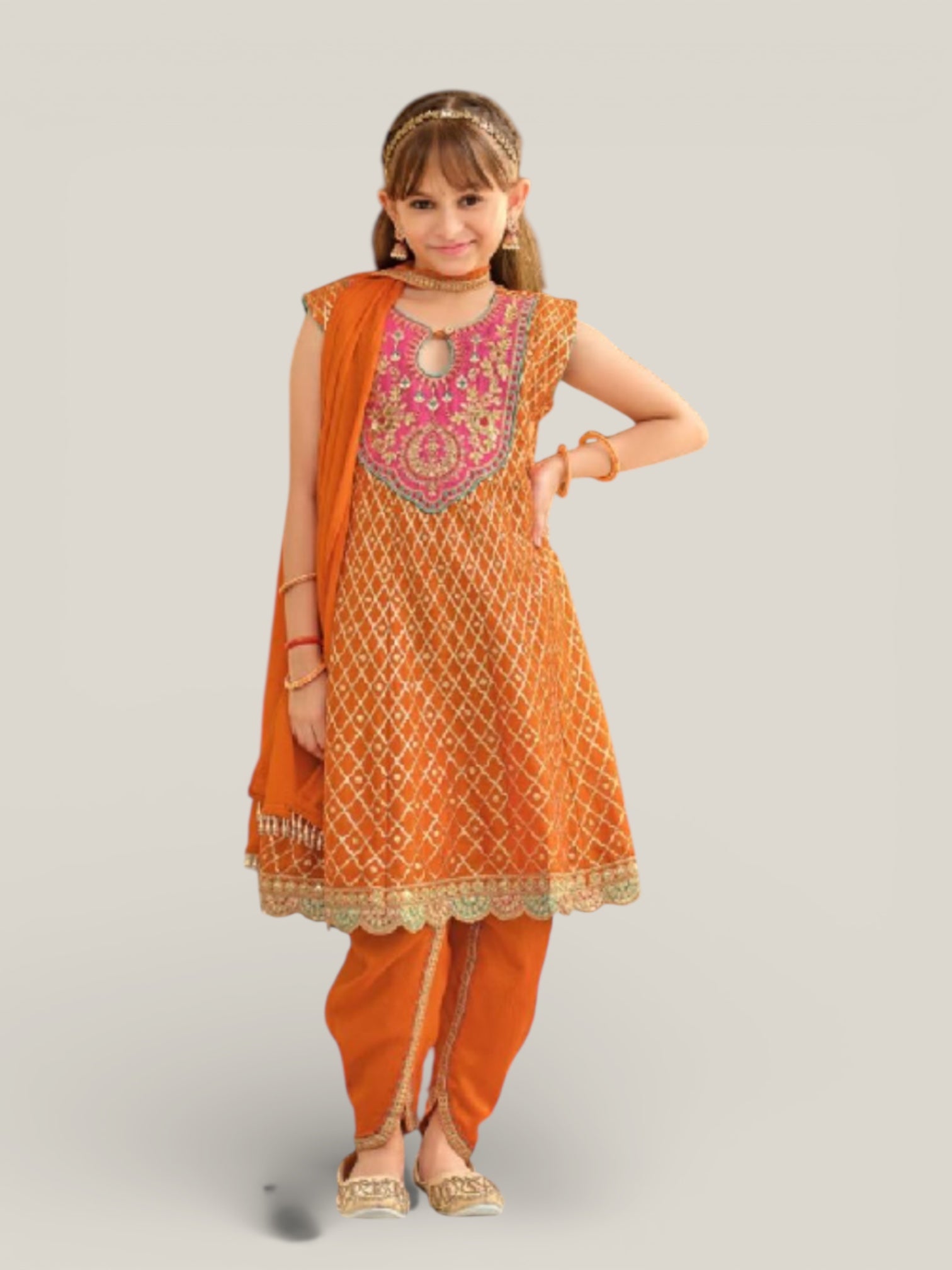 3 Piece Girls Partywear Stitched Suit (N41) Orange