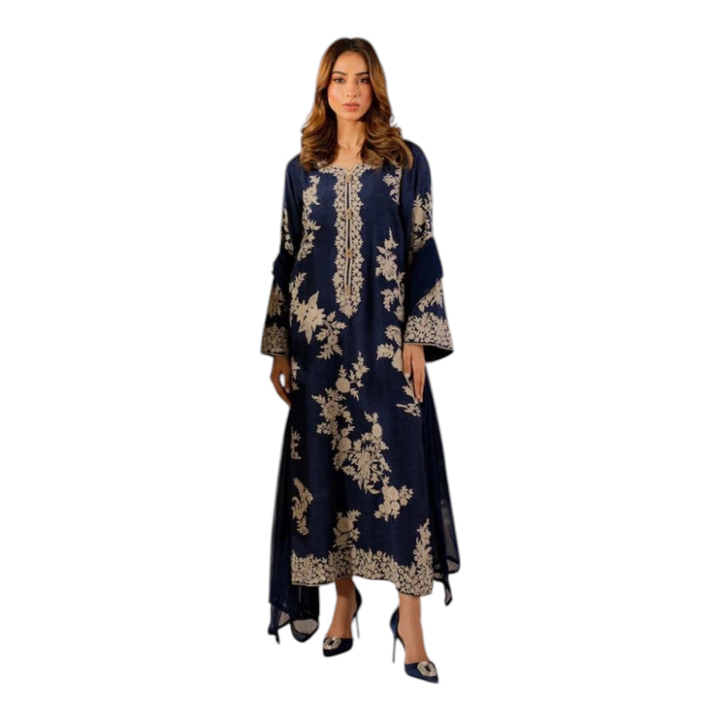 2 Piece Kameez and Dupatta - Blue Stitched Linen Kameez with stunning all over embroidery and matching Dupatta