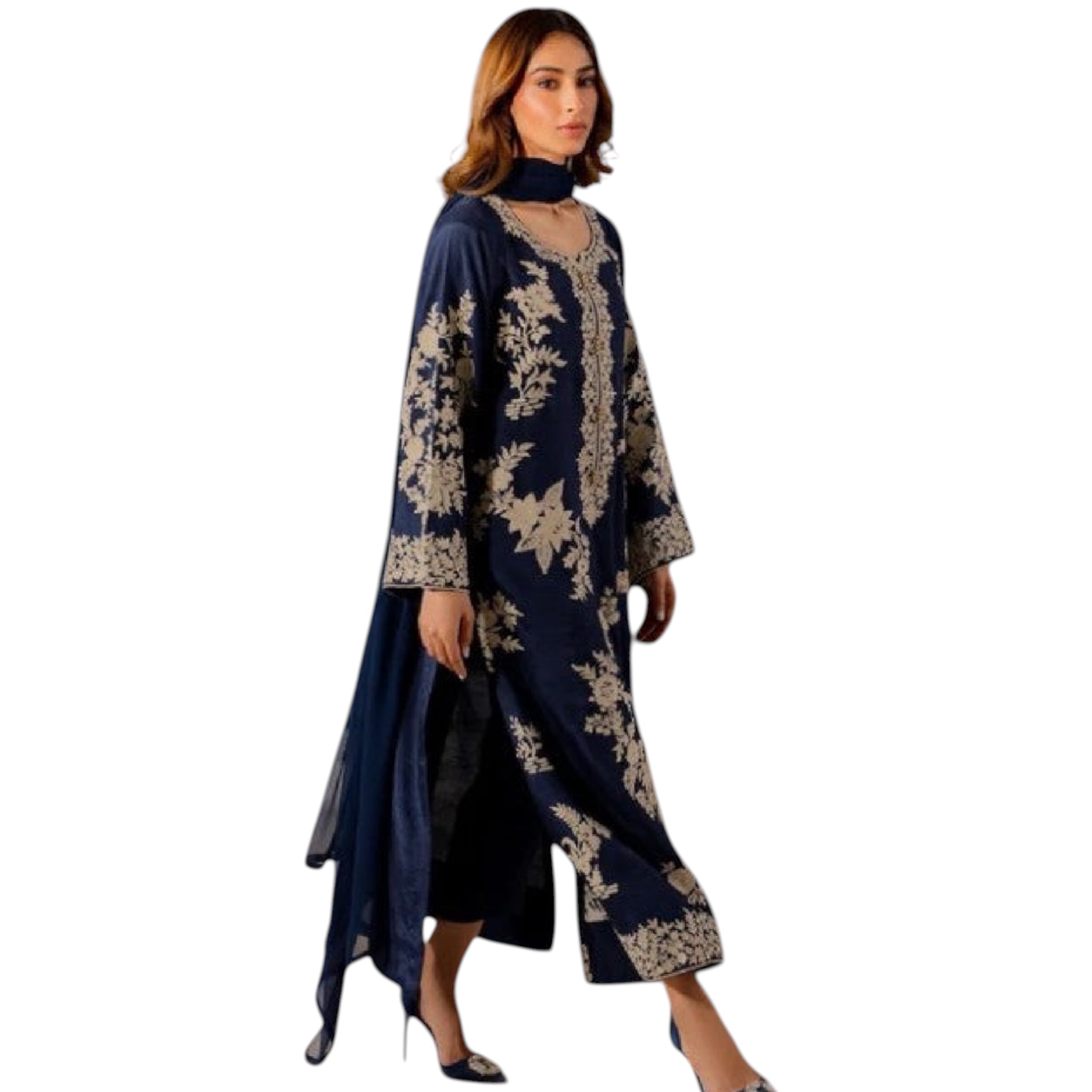 2 Piece Kameez and Dupatta - Blue Stitched Linen Kameez with stunning all over embroidery and matching Dupatta