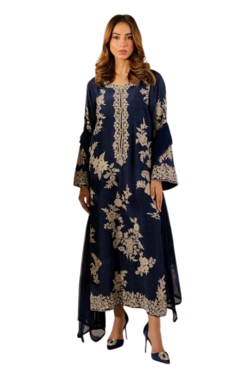 2 Piece Kameez and Dupatta - Blue Stitched Linen Kameez with stunning all over embroidery and matching Dupatta