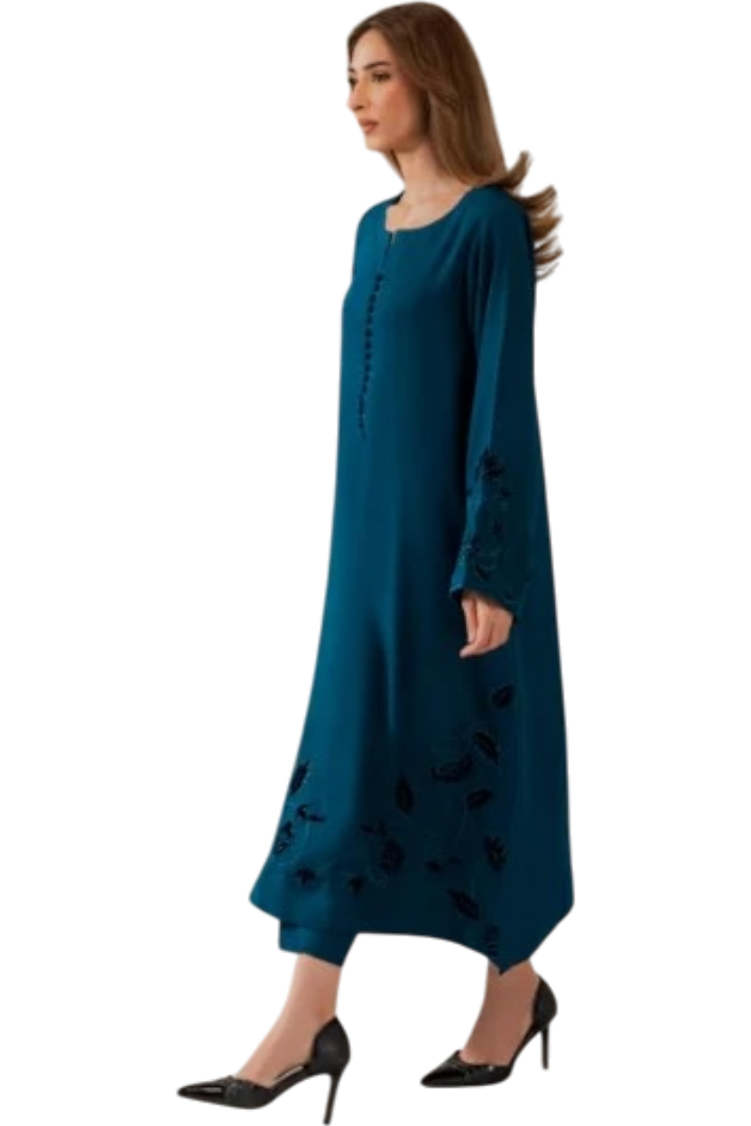 3 Piece Kameez and Dupatta - Linen Stitched Suit in Teal/Black with elegant embroidery with Matching Dupatta