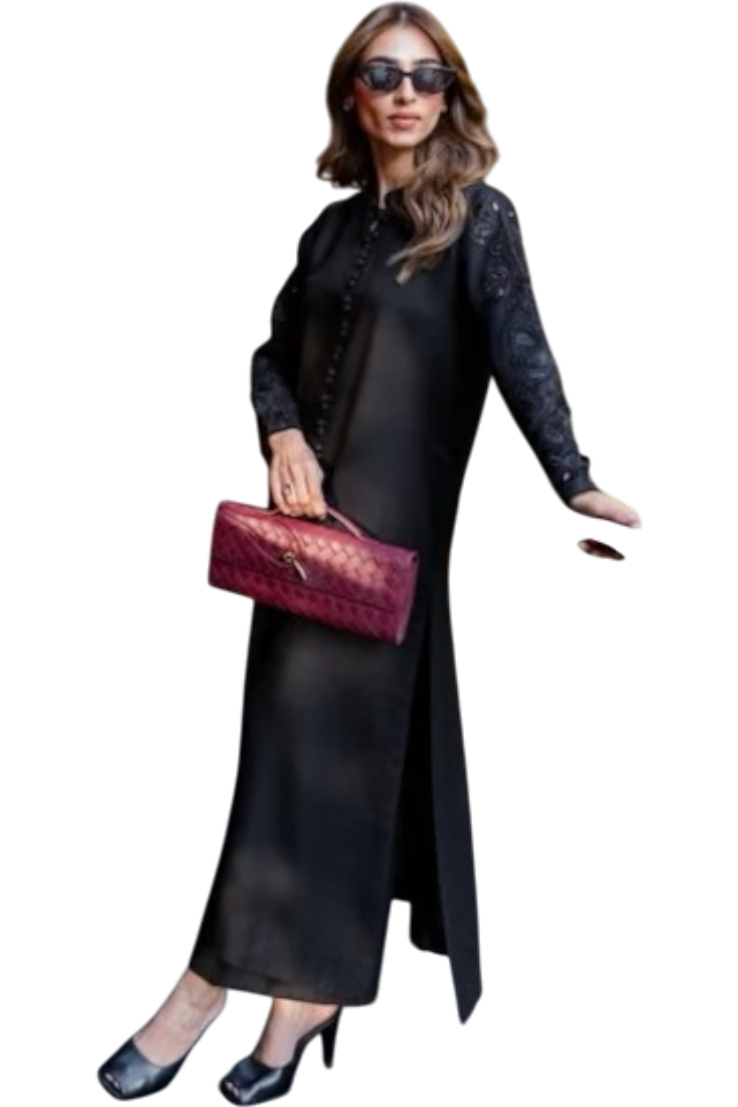 1 Piece Stitched Linen Kameez in Black with cutwork embroidery on sleeves