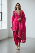 3 Piece Stitched Partywear Silk Suit with Gold Embroidery (D4)